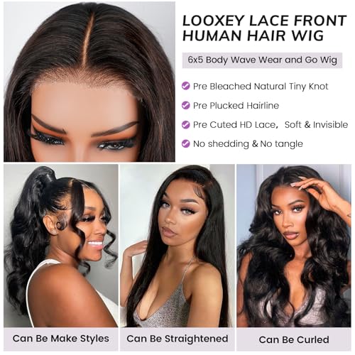 6x5 Lace Front Wig Human Hair Wig for Women 210% Density Body Wave Wear and Go Glueless Wigs Pre Plucked Pre Cut Lace Wigs Pre Bleached Tiny Knots Wig 22 Inch