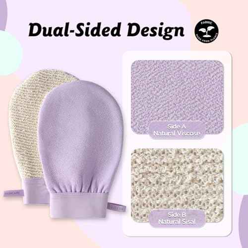 LOTTA Dual-Sided Exfoliating Gloves - Natural Viscose & Sisal for Deep Body Scrub & Massage - Gentle for Sensitive Skin - Replaces Loofah (Purple-Medium)