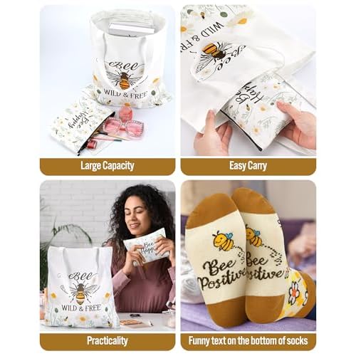 3 Pcs Bee Themed Gifts for Women Funny Honeybee Canvas Tote Bag with Zipper Makeup Bag and Socks Bee day Holiday Birthday Gifts for Mother Teachers Employee Beekeepers Lovers