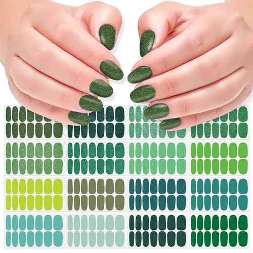 DANNEASY 16 Sheets Green Nail Wraps for Women Full Nail Polish Stickers Fresh Color Self Adhesive Nail Polish Strips Glitter Nail Strips Gel Fingernail Sticker Nails with File, Cuticle Stick