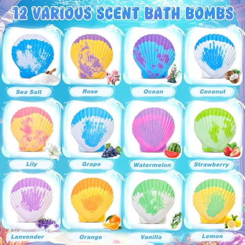 Ocean Bath Bombs for Kids with Toys Inside, 12 Pack Kids Shell Bath Bombs with Surprise Sea Animal Toys for Boys Girls Handmade Bubble Bath Fizzies Birthday Christmas Gift Set