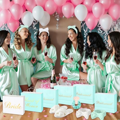 48 Pcs Bridesmaid Bride Robes Set of 8 Bridal Party Silk Satin Robes for Wedding Bachelorette Party Gifts (White,Sage Green)
