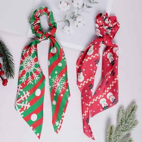 5Pcs Christmas Pattern Hair Scarf Scrunchies Elastic Hair Ribbon Ties for Woman Girls Holiday Hair Scarves Ponytail Holders Accessories