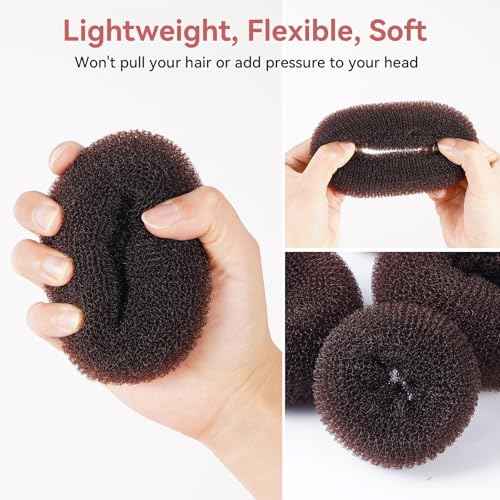 YaFex Hair Bun Maker Kit, Donut Bun Maker 4 Pieces (Large, Medium and Small), 6 Pieces Elastic Hair Ties, 20 Pieces Hair Bobby Pins, Brown