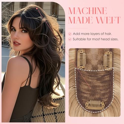 S-noilite Hair Toppers for Women with Bangs Real Human Hair 360¡Æ 3D Cover Clip in Bangs 2X6 Coverage Clip in Hairpiece for Women with Thinning Hairline 10Inch(Gloden Brown/Bleach Blonde)