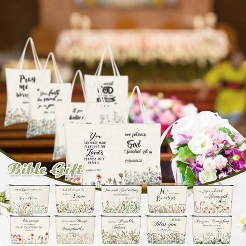 Locmeo 20 Pcs Christian Gift Women Including 10 Bible Verse Tote Bags 10 Christian Makeup Bags Christmas Inspirational Religious Scripture Gifts for Church Xmas Valentine(Classic)