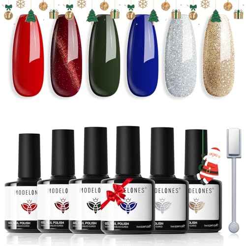 modelones Christmas Gel Nail Polish Set, 6 Colors Winter Cat Eye Red Dark Green Blue Glitter Gold Silver Gel Polish Kit Soak Off Nail Art Manicure Home Gift for Women Girls