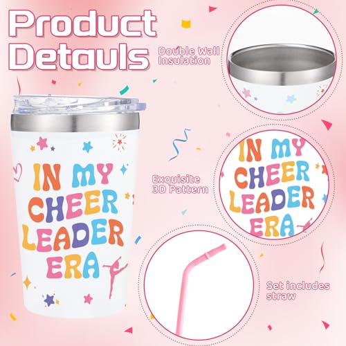 5Pcs Cheerleader Gifts Set for Women Including 12oz Cheer Tumbler, Makeup Bags, 5 Cheerleading Bracelet, Stickers, Keychain for Cheer Team & Lovers