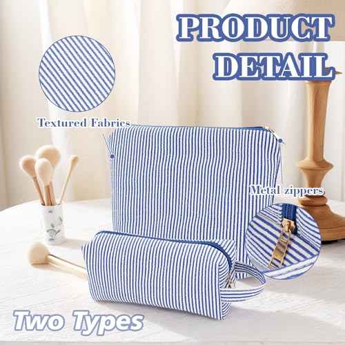 2 Pcs Makeup Bag, Toiletry For Women Cosmetic Bags Quilted Set Striped Preppy Make Up Pouch Gingham (Blue)