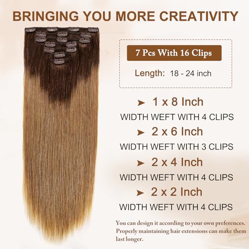 16A Premium Clip in Hair Extensions Real Human Hair, 18inch 120g 7pcs（Service life1.5~2 years）Remy Seamless Invisible Double Weft Human Hair, #T4/27 Balayage Multiple Washes Keep Texture Soft