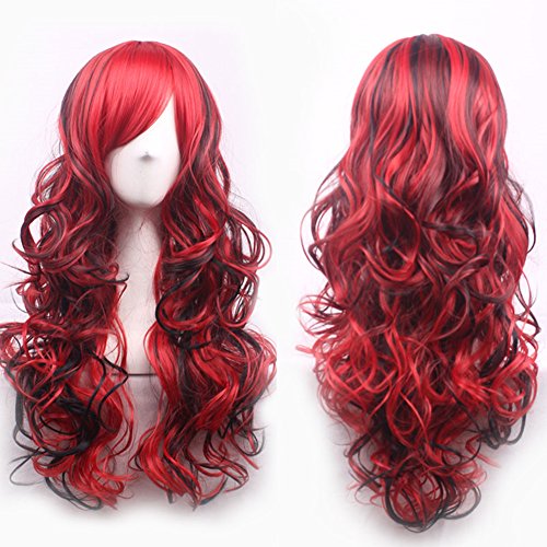 ANESHE Anime Cosplay Wigs Red and Black for Women Long Curly Hair Lolita Style Wigs (Red+Black)
