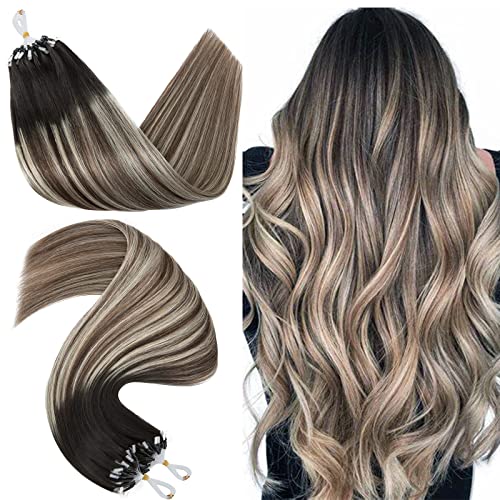 Hairro Microlink Human Hair Extensions Remy Highlight Pre Bonded Cold Fusion Keratin Glue T Tip Hairpieces For Women 22 Inch 50g 50 Strands #1BT4P60 Natural Black to Medium Brown&Platinum Blonde