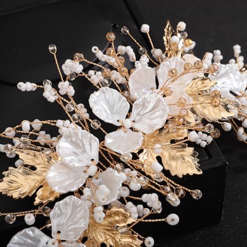 Teyglen Flower Bride Wedding Hair Vine Bridal Flower Headband Gold Silver Leaf Crystal Beads Headpiece Wedding Hair Accessories Floral Head Piece for Women Bride Flower (Gold)