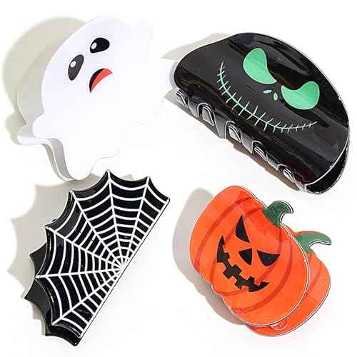 4 Pack Halloween Hair Claw Clips for Women Girls, Pumpkin Ghost Spider Web Bat Gothic Horror Hair Clips Halloween Hair Accessories
