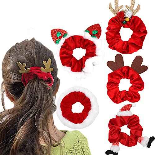 5 PCS Christmas Hair Scrunchies Christmas Hair Ties Elk Santa Claus Elastic Scrunchy Hair Bands Christmas Ponytail Holders Velvet Scrunchies Christmas Hair Accessories for Women Girls