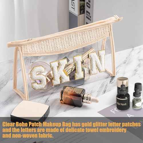 Clear Boho Patch Makeup Bag, Letter BEACH Cosmetic Bag, Transparent Travel Toiletry Bag, Waterproof Snacks Bag, Zipper Sunscreen Summer Skincare Bag Gift for Women Girls (stuff)