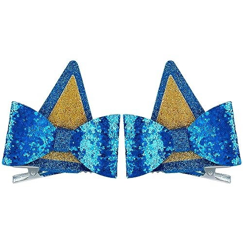 1 Pair Blue Ears Hair Clip£¬ Glitter Blue Ears for Kids Blue Bow Hair Barrettes Birthday Decorations Halloween Costume Cosplay Accessories Party Supplies