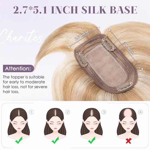 Hair Toppers for Women Real Human Hair 12 Inch Long Straight Toppers for Women with Thinning 7 * 13CM Silk Base Clip in Hairpieces with Bangs (Golden Brown & Bleach Blonde)