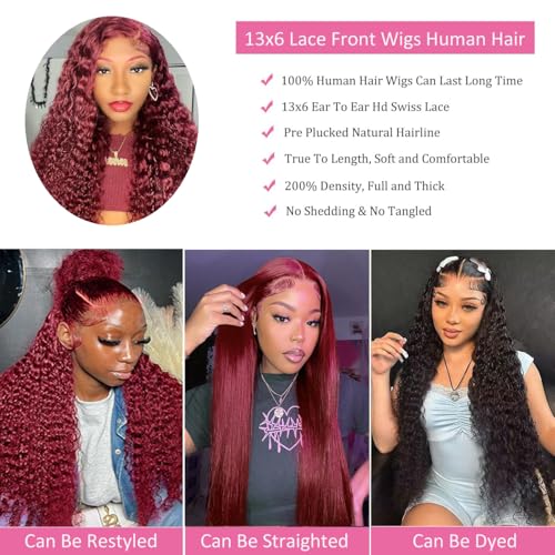 Burgundy Wig Human Hair 99j Burgundy 13x6 Deep Wave Lace Front Wigs Human Hair Pre Plucked HD Transparent Lace Frontal Wigs for Black Women Red Colored Wig 18 Inch