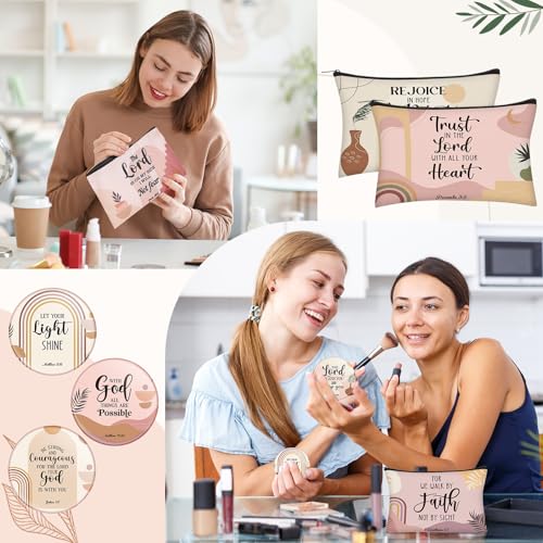 Geelin 24 Pcs Christian Gifts Bulk for Women 12 Religious Canvas Makeup Bags 12 Boho Bible Verse Compact Mirrors Inspirational Church Party Gifts for Women Mother Sister