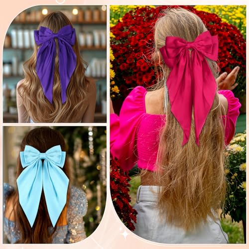 Hoteam 16 Pcs Silky Satin Hair Bows Bulk for Women Large Hair Ribbons Oversized Bows Oversized Long Tail Large Bow-knot Clips Accessories Gifts(Classic)