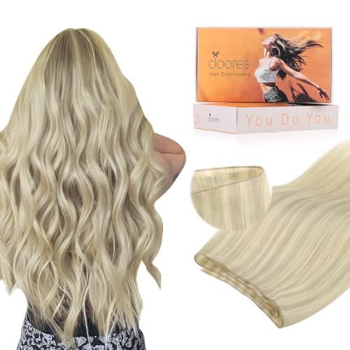 DOORES Genius Seamless Weft Hair Extensions Human Hair, Ash Blonde Highlighted Platinum Blonde 20 Inch 60g, Invisible Tape in Weft Extensions Long Wide