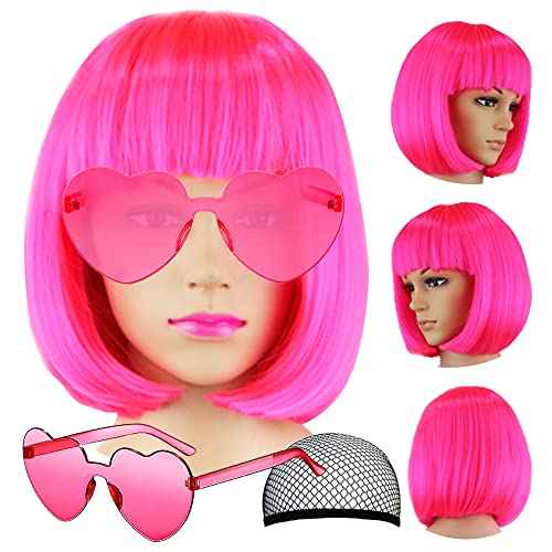 Short Bob Hair Wigs Straight with Flat Bangs Synthetic Colorful Cosplay Daily Party Neon Wig for Women + Free Wig Cap 14" Natural As Real