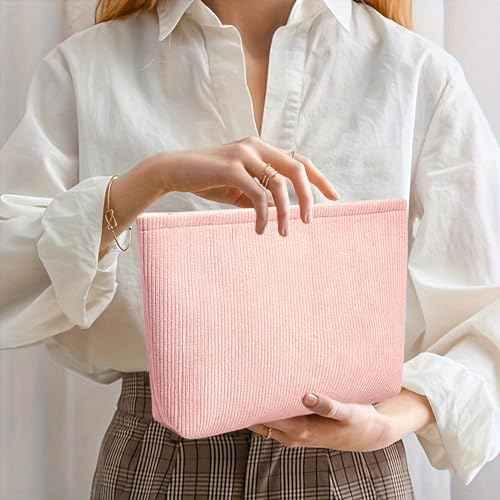2Pcs Makeup Bag for Women, Large Corduroy Cosmetic Bag Capacity Travel Toiletry Bag Mini Makeup Pouch for Purse Small Makeup Organizer Bag Cute Makeup Brushes Storage Bag (Large+Mini Pink)