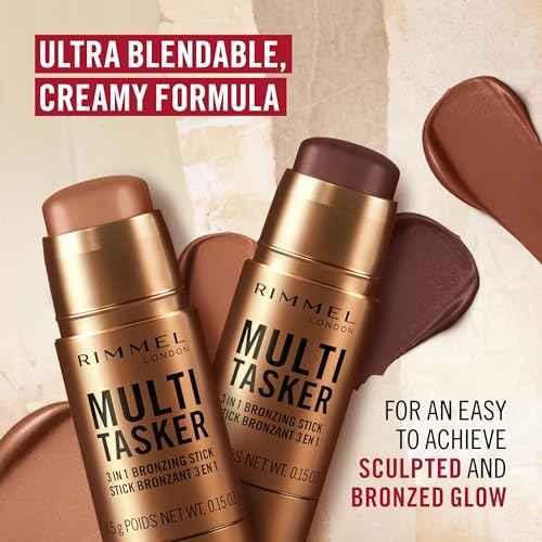 Rimmel Multi Tasker 3 in 1 Bronzing Stick, 001 Light, Sculpted and Bronzed Glow, All-Day Wear, Sheer and Dewy Finish, Infused with Vitamin C & E, Vegan Formula, Cruelty-Free
