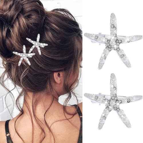 BARTOSI Starfish Hair Clips Silver Mermaid Hair Barrettes Pearl Hair Accessories for Women and Girls (Pack of 2)