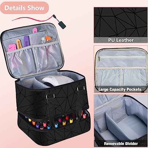 Nail Polish Organizer Case - Holds 42+ Bottles (15ml/0.5 fl.oz) and 1 Nail Lamp, Upgraded Double-layer Nail Polish Carrying Case Nail Polish Storage Bag with Handles (Black)