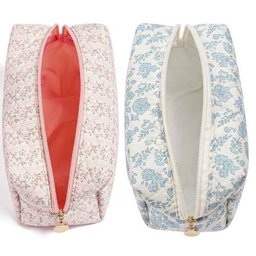 Makeup Travel Cosmetic Bag, Two Pack: Pink+Blue Floral, Zipper Closure, Durable Polyester, Perfect for Toiletry, Makeup, Travel