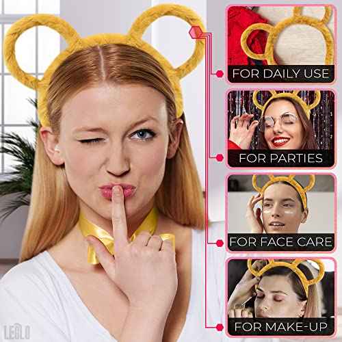 Chipmunk Ears Headband - Yellow Bear Ears Headband - Halloween Costumes | Lightweight Non-Slip Plush Hair Accessory for Skincare, Spa, Party, Events | For your Halloween, Holiday, or Casual Look
