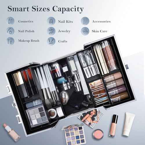 FRENESSA Makeup Train Case Makeup Organizer Box Portable Cosmetic Travel Case with Lock 4 Trays Aluminum Hard Vanity Box Make Up Artist Nail Beauty Storage Organizer Cosmetic Suitcase Bright Silver