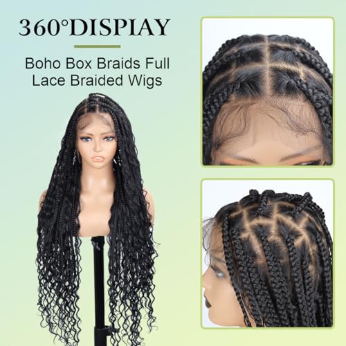 36 inch Single Full Lace Boho Braided Wigs for Black Women, 360 HD Lace Knotless Box Braid Wigs with Baby Hair Black Synthetic Braid Wig