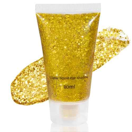 Mysense Gold Body Glitter Gel,Face Hair Glitter Makeup,Music Festival Rave Accessories,Chunky Mermaid Glitter Sequins,Sparkling Face Paint for Women Girls,30g