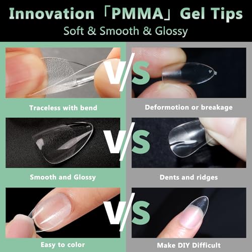 Extra Short Almond Nail Tips, 216pcs Acrylic Soft Fake Nails Gel Nail Tips, Full Cover Pre-Shaped Matte Clear Press on Nails for Extension, Diy at Home Manicure 12 Sizes