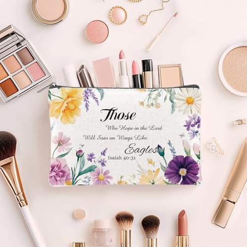 24PCS Christian Canvas Makeup Bags Bulk Inspirational Cosmetic Bags for Women Bible Verse Canvas Zipper Pouch Bulk Religious Makeup Organizer Bags Christian Gifts for Women(Flower)