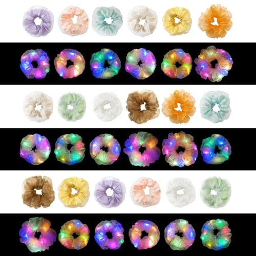 36Pcs Light Up Scrunchies, LED Double Layer of Fabric Hair Ties for Girls, Rave Neon Party Favors Hair Accessories for Women, Glow in The Dark Party Supplies for Birthday Halloween Christmas