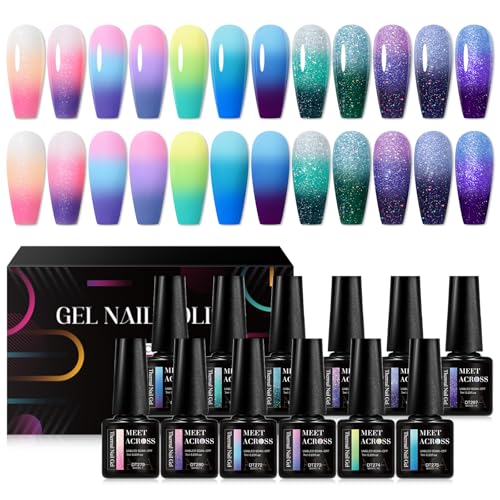 MEET ACROSS Glitter Thermal Gel Nail Polish Gel Temperature Color Changing Gel Polish Soak Off UV Gel Nail Polish Nail Art Varnish For Home Salon Manicure DIY 12 PCS/BOX