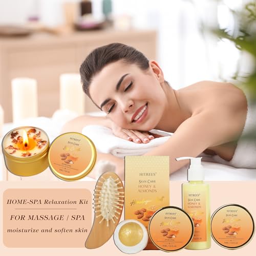 Bath Gift Basket Set, Spa Kit Gifts for Women Men, 18 Pc Almond Milk & Honey Large Spa Gift Basket Luxury Bath Set Relaxing Self Care Pampering Gifts for Birthday, Christmas, Mothers Day Gift Baskets