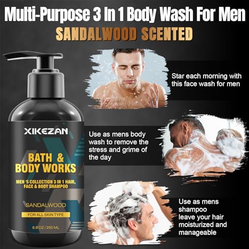 Gifts for Men,Mens Body Wash Gift Set Cleansing & Hydrating Skin w/Face Wash,Deodorant,Sandalwood & Cologne 3 in 1 Hair,Face & Body Wash,Mens Stocking Stuffers Christmas Gifts for Men Him Dad Husband
