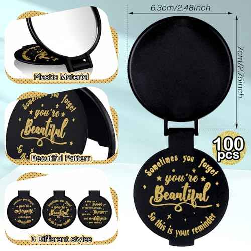 Wenqik 100 Pcs Inspirational Mini Compact Mirror for Purse Women Small Gifts Bulk, Round Makeup Folding Mirror, Thank You Gift Bag Stuffer Items, Christmas for Coworker Employee Staff (Black)