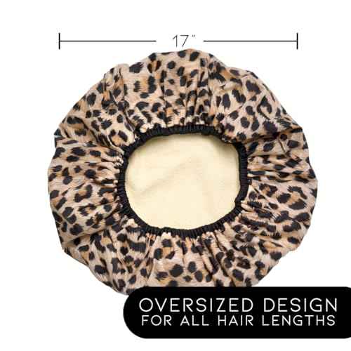 Reusable Nylon Shower Cap & Bath Cap, Reversible Oversized Waterproof Shower Caps Large Designed for all Hair Lengths w Terry Lining & Elastic Band Stretch Hem Hair Hat - Socialite Safari Spots