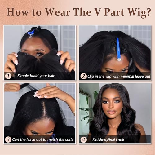 V Part Wig Human Hair Body Wave Upgrade U Part Human Hair Wig With Adjustable Drawstring 200% Density V Shape Clip In Half Wig For Women Natural Color 20 Inch
