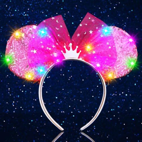 ACEDRE Light Up Mouse Ears Headband Sequin Bow Princess Crown Hair Accessories for Women