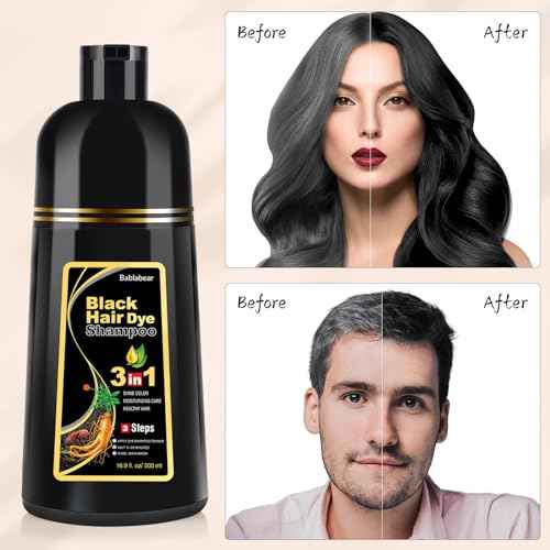 Bablabear Black Hair Dye Shampoo for Gray Hair, Semi-Permanent Hair Color Shampoo for Women and Men, Herbal Ingredients, 3 in 1 100% Grey Coverage.Lasts 30 Days/500ml/Natural herbal Ingredients