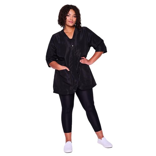 A Size Above Plus Size Salon Stylist Jacket, Cut for Curves, Three-quarter Length Sleeves, Button Down Front, Two Lower Front Pockets, Lightweight, Water Resistant Nylon/Poly, Black, 3X