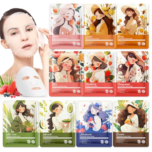 Facial Masks for Women Skin Care,10 Pack Kids Face Masks Spa,Hydraiting Hyaluronic Acid Face Mask Set for Girls,Natural Ingredients Mascarillas Faciales Para Ni?as