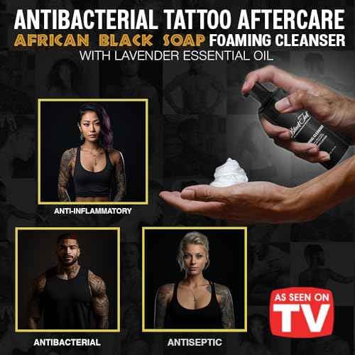 BLACK INK Tattoo Aftercare Tattoo Soap - Raw African Black Soap Foaming Tattoo Cleaner w/Organic Lavender Essential Oil - Tattoo Care Soap for Tattoos - Made in the USA